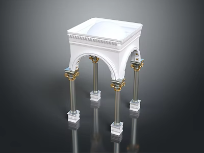 Ornate White Decorative Pedestal Featuring Four Columns With Gold Accents And Arch Designs 3d model
