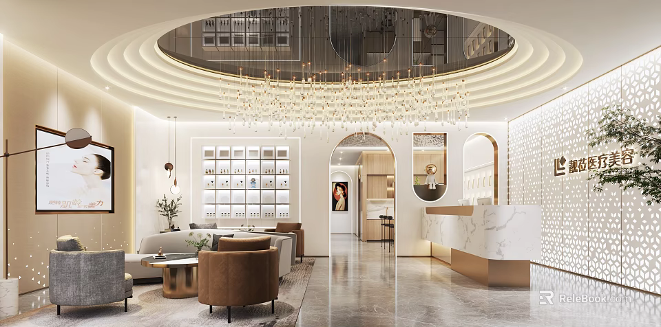 Modern Luxury Beauty Salon Lobby With Crystal Chandelier Sofa Marble Reception Desk And Display Shelves 3d model 