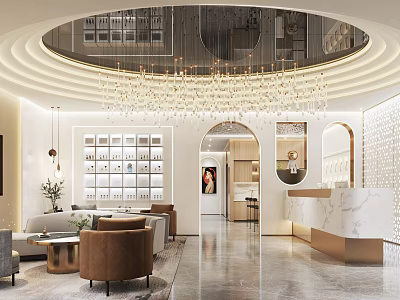 Modern Luxury Beauty Salon Lobby With Crystal Chandelier Sofa Marble Reception Desk And Display Shelves 3d model