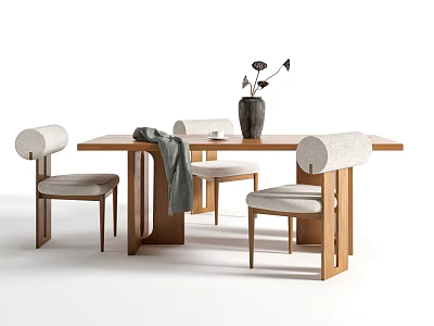 Minimalist Dining Table Wooden Frame With Upholstered Chairs Light Gray Cushion And Decorative Vase 3d model