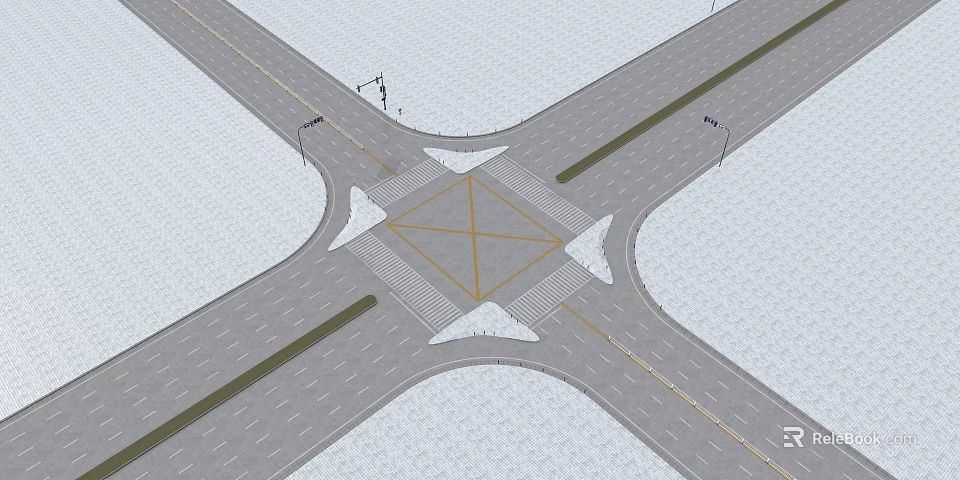 Road Intersection Traffic Facilities With Lane Markings Traffic Lights And Directional Lanes 3d model 