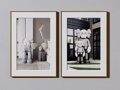 Two Framed Decorative Paintings With Cartoon Characters Indoor Outdoor Scenes And Gold Border 3d model