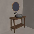 Rustic Bathroom Vanity With Round Mirror Stone Sink And Black Faucet 3d model
