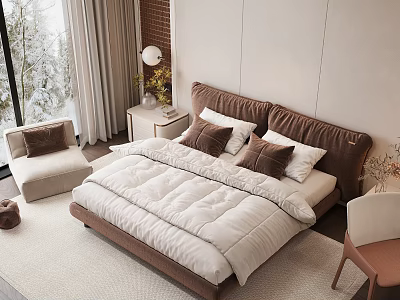 Cozy Modern Bedroom with Brown Headboard White Quilt Pillows Snow View Rug and Light Curtains 3d model