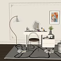 Modern Elegant White Dressing Table With Mirror Floor Lamp Chair Artwork And Ottoman On Decorative Wall