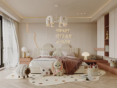 Cozy Kids Room Interior Design With Star Ceiling Bed Stuffed Toys Curtains And Rug 3d model