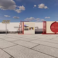 Ancient Architecture Featuring Red And White Walls Circular Decorations And Stone Pavement 3d model