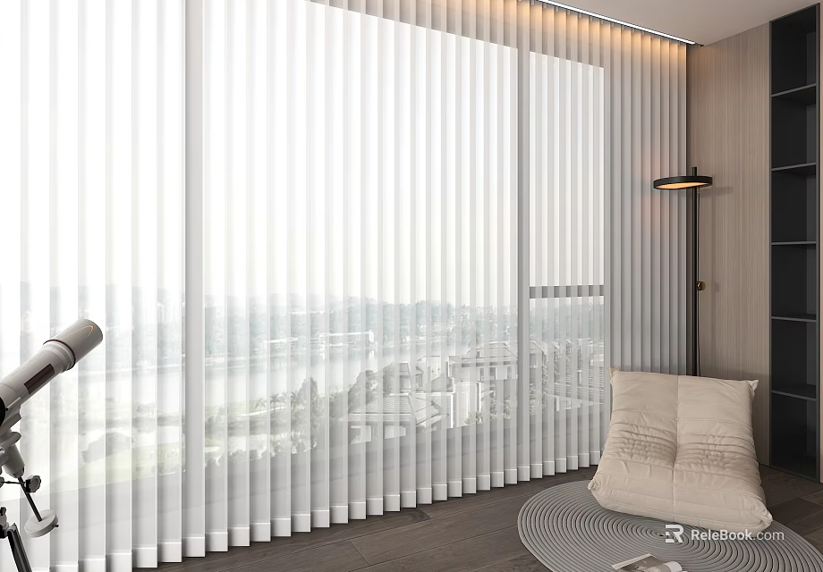White Curtains in Modern Room with City View Floor Lamp and Bean Bag Chair 3d model 