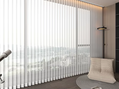 White Curtains in Modern Room with City View Floor Lamp and Bean Bag Chair 3d model