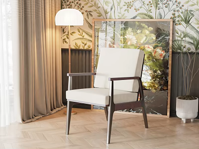 Modern Dining Chair With White Upholstered Seat Dark Wooden Frame Floral Wallpaper And Floor Lamp 3d model