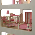 Wooden Building Blocks Multi Story Dollhouse With Pink Furniture Staircase And Toy Car