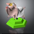 Cute 3D Pig Model With Golden Crown On Green Polygonal Base