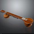 Traditional Red Wooden Sitar With Strings And Curved Body Design Details