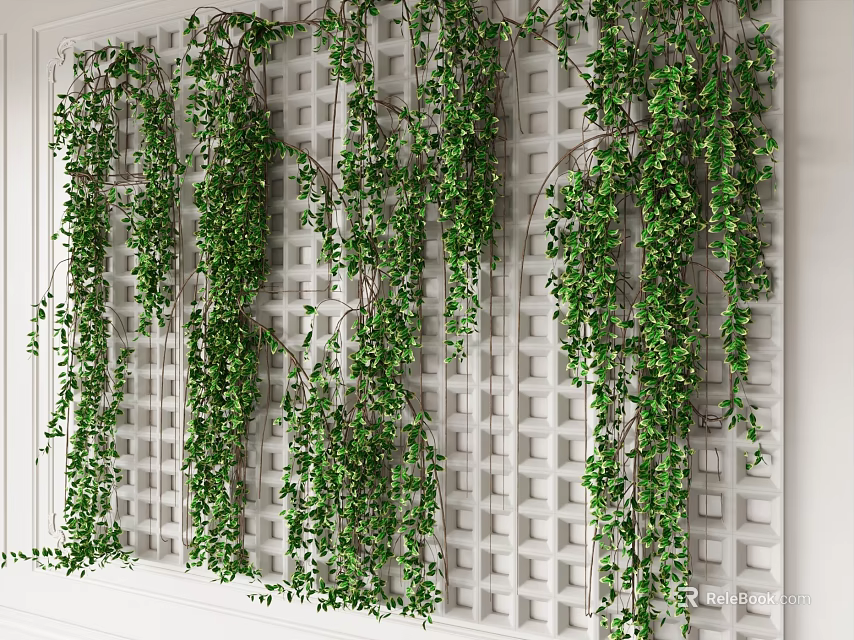 Lush Green Trailing Vines Adorning White Lattice Wall for Indoor Decoration 3d model 