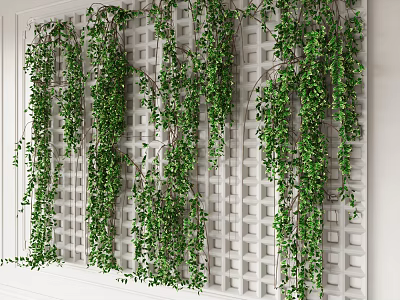 Lush Green Trailing Vines Adorning White Lattice Wall for Indoor Decoration 3d model