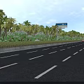 Highway Road Infrastructure with Traffic Billboard Multiple Lanes Vehicles and Palm Trees