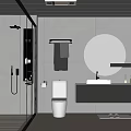 Modern Bathroom Interior Design With Glass Shower Round Mirror White Toilet And Gray Vanity