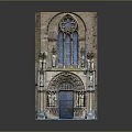 Gothic Historical Building Facade With Rose Window Arched Doorway And Carved Statues