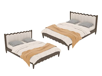 Scalloped Dark Headboard Double Bed With Light Colored Sheets Striped Pillows And Beige Blanket 3d model