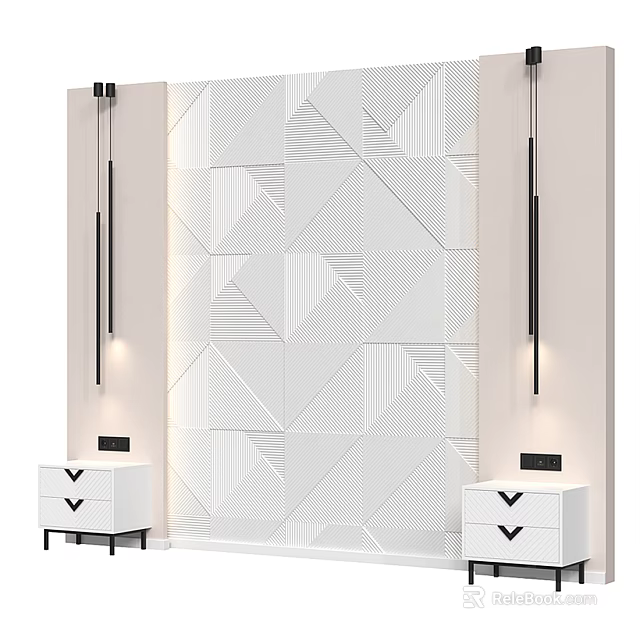 Stylish Modern Bed Background Wall With White Geometric Patterns Wall Sconces And Nightstands 3d model