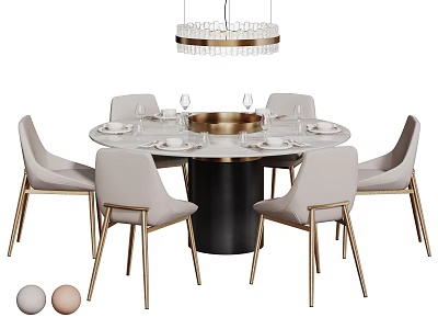Modern Round Dining Table Set with Marble Top Black Base and Light Grey Gold Chairs 3d model