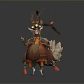 Anthropomorphic Character With Horns In Orange Red Decorative Outfit And Fluffy Fox Like Tail