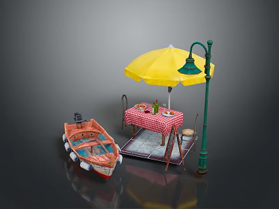 Outdoor Dining Space With Yellow Umbrella Street Lamp Small Boat And Checkered Tablecloth 3d model