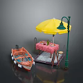 Outdoor Dining Space With Yellow Umbrella Street Lamp Small Boat And Checkered Tablecloth