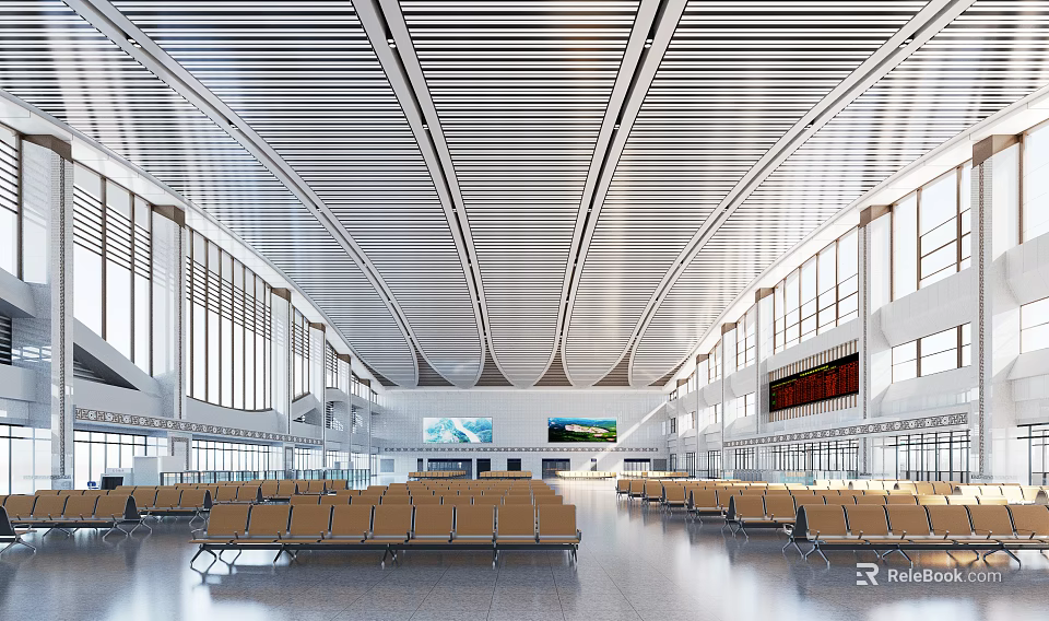 Modern Railway Station Waiting Hall With White Metal Ceiling Large Glass Windows And Yellow Seats 3d model 