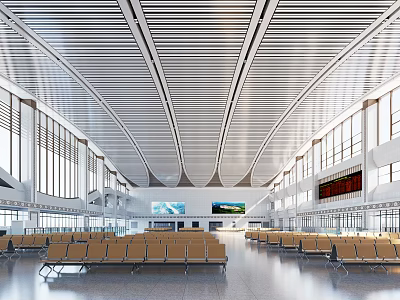 Modern Railway Station Waiting Hall With White Metal Ceiling Large Glass Windows And Yellow Seats 3d model