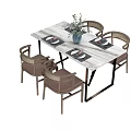 Modern Dining Table Set with Wooden Chairs Decorative Vase Greenery and Tableware 3d model