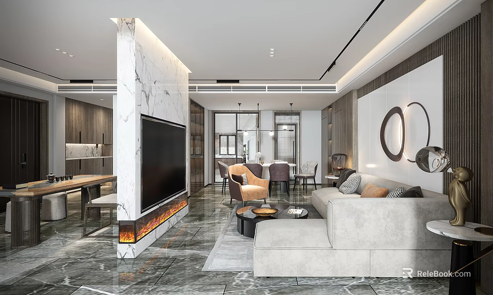 Modern Living Dining Room Interior With Marble Feature Wall TV Sofa And Dining Set 3d model 