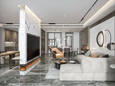 Modern Living Dining Room Interior With Marble Feature Wall TV Sofa And Dining Set 3d model