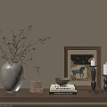 Decorative Ornament Set With Ceramic Vase Green Branch Framed Art Candle Books And Bowl