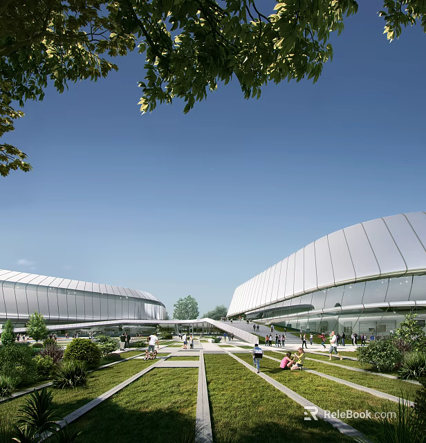 Modern Stadium Building With Curved Roof Glass Facade Green Lawn Trees And Outdoor People 3d model 