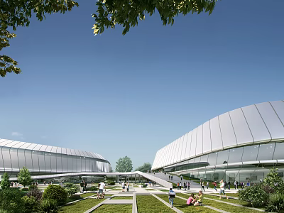 Modern Stadium Building With Curved Roof Glass Facade Green Lawn Trees And Outdoor People 3d model
