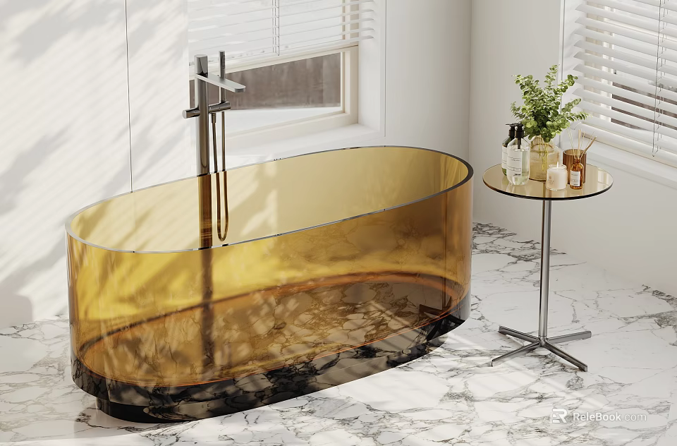 Golden Transparent Bathtub with Side Table Green Plant Toiletries on Marble Floor by Window 3d model 