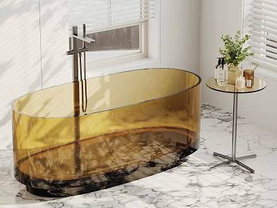 Golden Transparent Bathtub with Side Table Green Plant Toiletries on Marble Floor by Window 3d model