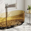 Golden Transparent Bathtub with Side Table Green Plant Toiletries on Marble Floor by Window