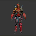 Game Movie Character Wearing Red Black Armor With Blue Accents And Dual Swords