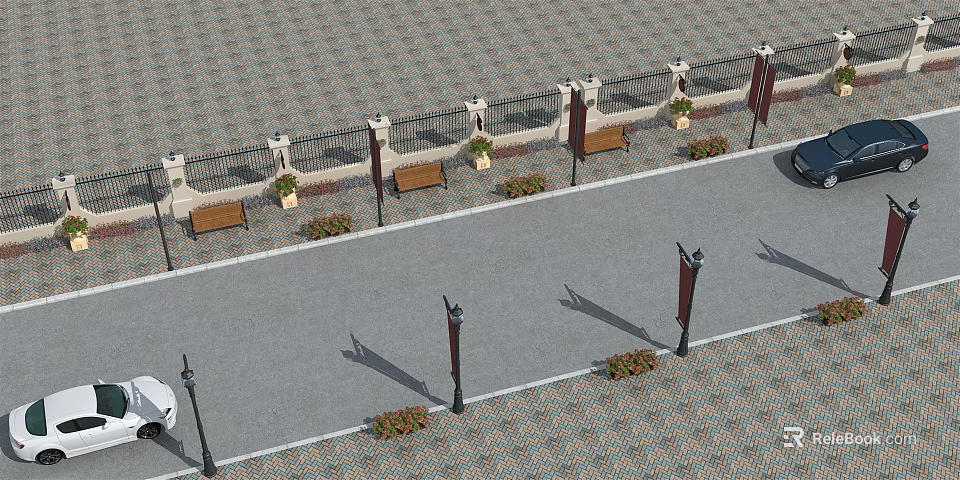 Well Designed Road Facilities With Pavement Street Lamps Benches And Flower Beds 3d model 