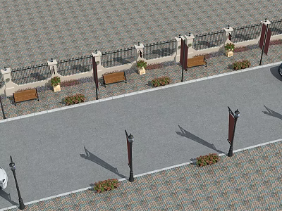 Well Designed Road Facilities With Pavement Street Lamps Benches And Flower Beds 3d model