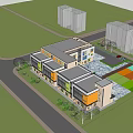 Modern Kindergarten Building With Large Glass Windows Colorful Accent Panels Outdoor Trees And Playground Area