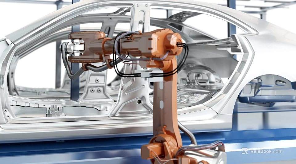 Automated Car Production Using Robotic Arm To Assemble Interior In Manufacturing Plant 3d model 
