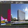 Modern City Building Complex With Tall Glass Office Tower Surrounding Trees Cars And Clear Sky