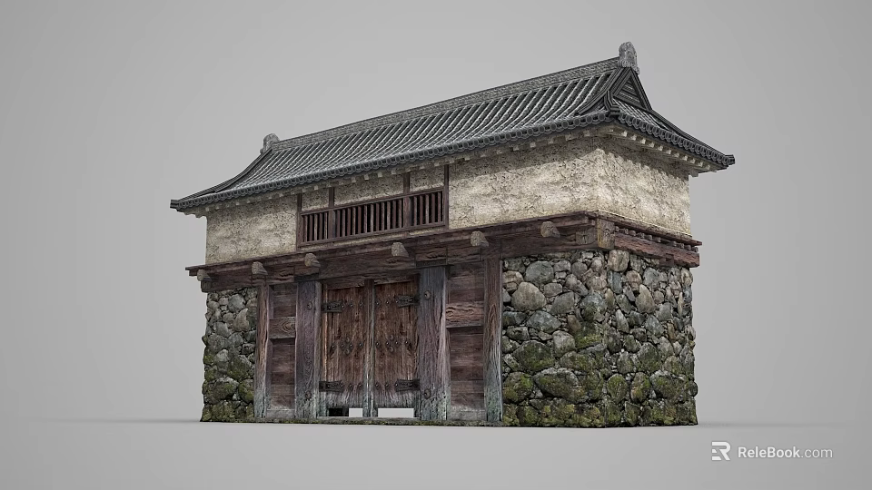 Ancient Traditional Building With Stone Wall Wooden Door And Classic Tile Roof 3d model 
