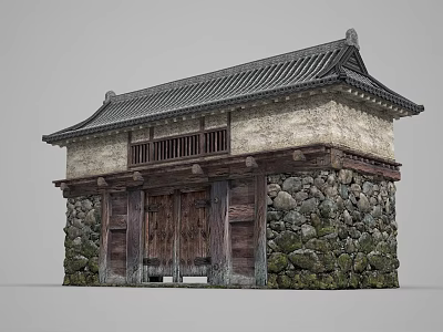 Ancient Traditional Building With Stone Wall Wooden Door And Classic Tile Roof 3d model