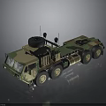 Camouflaged Military Tactical Transport Vehicle with Multiple Wheels Roof Antennas and Spare Tire