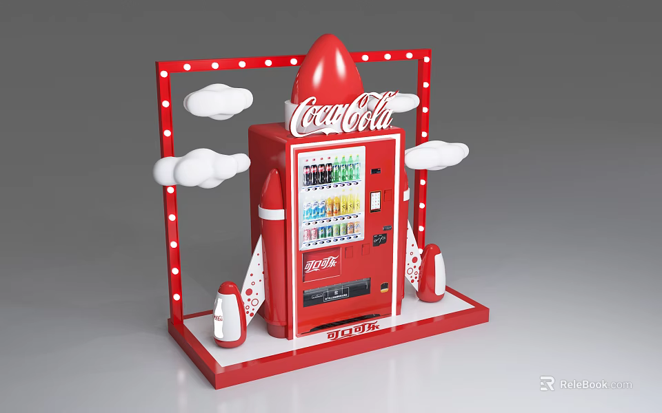 Red CocaCola Rocket Shaped Commercial Vending Machine With Sprite Drinks And Cloud Decorations 3d model 
