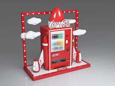 Red CocaCola Rocket Shaped Commercial Vending Machine With Sprite Drinks And Cloud Decorations 3d model